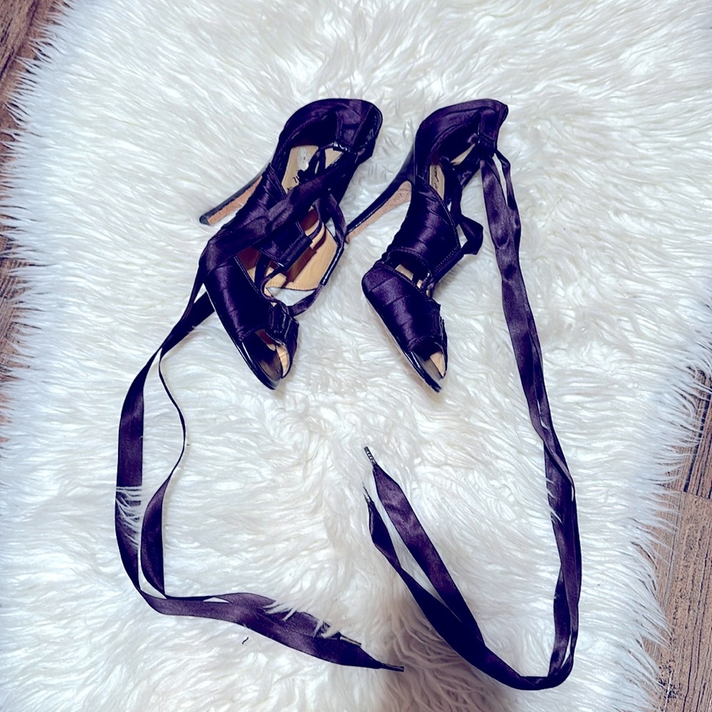 Purple leather and satin strappy heeled sandal/shoe LAMB by Gwen Stefani.